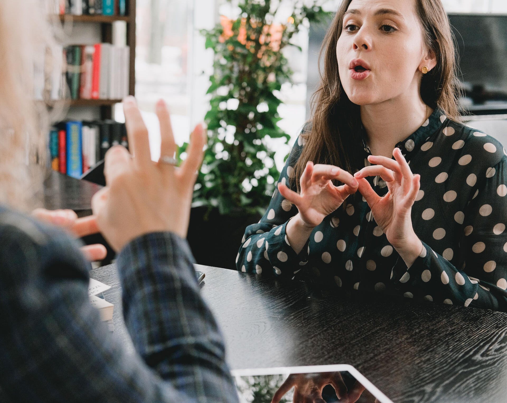 Two women communicating via ASL.